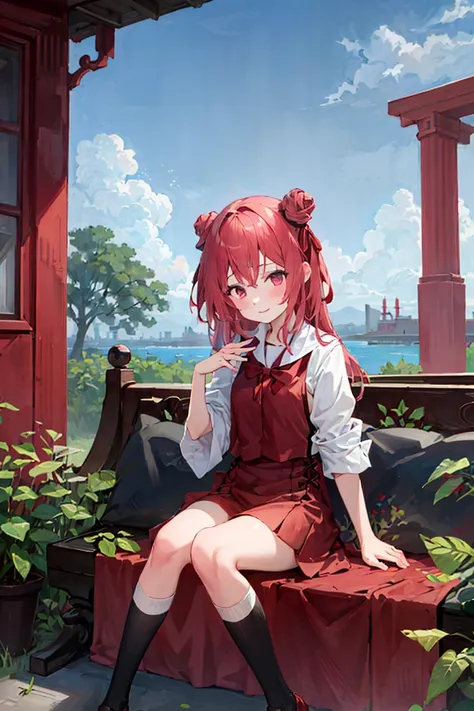 1girl,((school uniform)), <lora:LaGaSpringV2-000008:1> ,blush,light smile, sitting,outdoors,