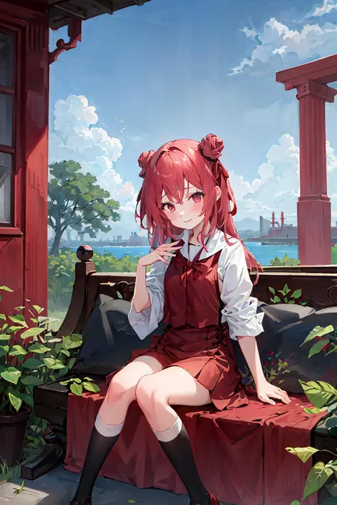 1girl,((school uniform)), <lora:LaGaSpringV2-000008:1> ,blush,light smile, sitting,outdoors,