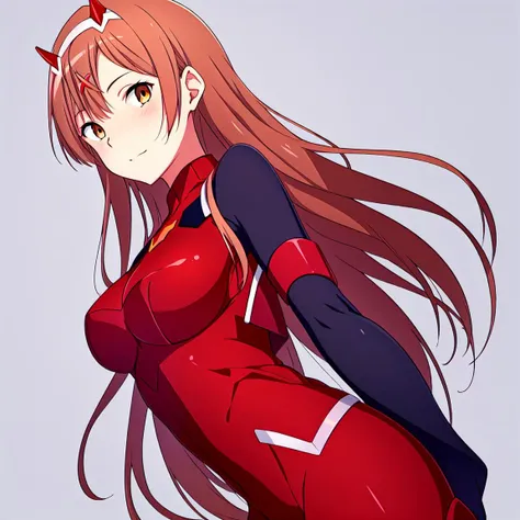 <lora:Shinka_Nibutani:0.8>, best quality, solo, Shinka_Nibutani, cosplaying as zero_two_\(darling_in_the_franxx\), bodysuit, red_bodysuit, brown_hair, light brown_eyes, large_breasts, red_horns, white_hairband, <lora:zeroTwoBodysuit_zeroTwoBodysuit:0.2>