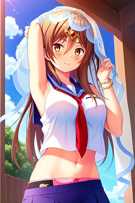 <lora:Shinka_Nibutani:0.8>, best quality, Shinka_Nibutani_\(Mori_Summer\), 1girl, brown_hair, light brown_eyes, serafuku, red_tie, crop_top_overhang, bridal_veil, hair_ornament,large_breasts, bracelet, long_hair