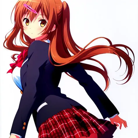 <lora:Shinka_Nibutani:0.8>, Shinka_Nibutani_\(School_uniform\), 1girl, brown_hair, light brown_eyes, school_uniform, pink_hairclip, dark_blue_blazer, red_plaid_skirt, red_bow, large_breasts, long_hair, simple_backgrund, white_background,