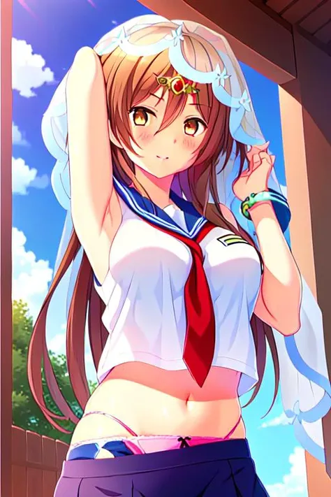 <lora:Shinka_Nibutani:0.8>, best quality,  Shinka_Nibutani_\(Mori_Summer\), 1girl, brown_hair, light brown_eyes, serafuku, red_tie, crop_top_overhang, bridal_veil, hair_ornament,large_breasts, bracelet, long_hair