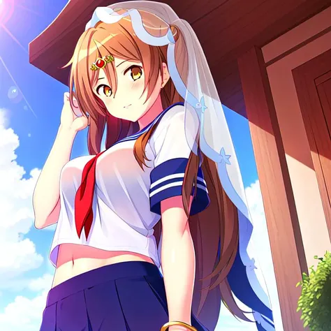 <lora:Shinka_Nibutani:0.8>, best quality, Shinka_Nibutani_\(Mori_Summer\), 1girl, brown_hair, light brown_eyes, serafuku, red_tie, crop_top_overhang, bridal_veil, hair_ornament,large_breasts, bracelet, long_hair