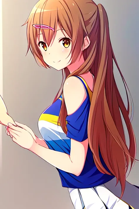 <lora:Shinka_Nibutani:0.8>, best quality,  Shinka_Nibutani_\(Chearleader_uniform\), 1girl, solo, solo_focus,  brown_hair, light brown_eyes, pink hairclip, from_side, blue and white and yellow chearleader_uniform, white_skirt, smirk, yellow pom_pom_\(clothes\) large_breasts, long_hair