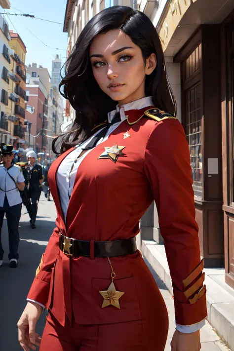 Highly detailed, High Quality, Masterpiece, beautiful, (photorealistic:1.5), (RAW photo, 8k uhd, film grain), beautiful edgPersian_woman, perfect edgPersian_face, perfect edgPersian_body, <lora:Doll_Persian:0.75>, edgAndy_costume, wearing edgAndy_costume, red military uniform, ((star badge)), <lora:Outfit_OrangeStarRecruit:0.8>