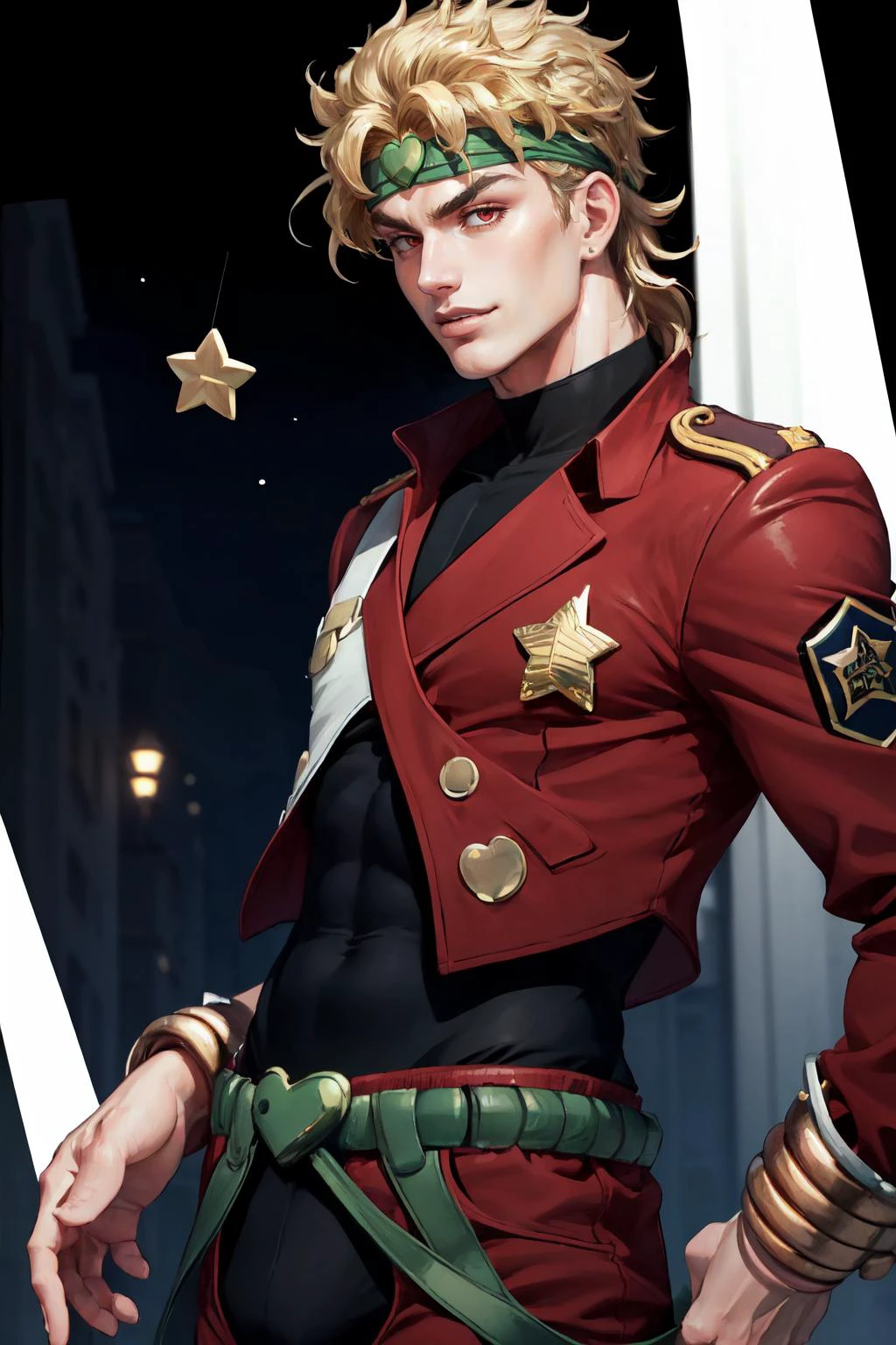 Highly detailed, High Quality, Masterpiece, beautiful, edgAndy_costume, wearing edgAndy_costume, red military uniform, ((star badge)), <lora:Outfit_OrangeStarRecruit:0.8>, dio, headband, <lora:Char_Sigmas_Dio:0.9>