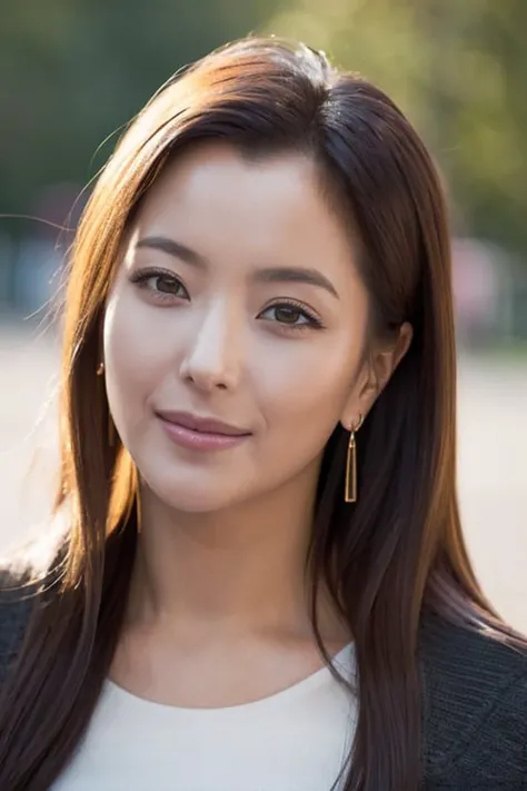 (4k,   best quality, highres:1.2), (realistic, photo-realistic:1.37),   1girl, solo,   looking_at_viewer, long hair, nose, upper body,  dress,   earrings, solo, jewelry, realistic,  parted lips,  (smile:0.3), detailed eyes, oval face,

depth_of_field,  blurry_background, eye focus,
