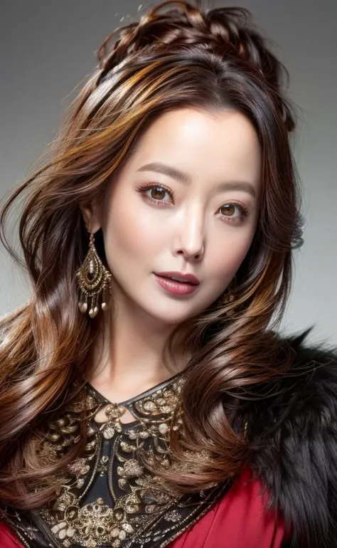 (8k, highres:1.1), (realistic, photo-realistic:1.1), 1girl, solo, looking at viewer, makeup, hand_on_hip, jewelry, earrings, lipstick, eyeshadow, perfect female figure, 4k, best quality,upper body,
((intricate detail, delicate pattern), (detailed clothes features), (Black | Red | Yellow HAIR), long hair, very long hair, Simple gradient background,wide-eyed,
<lora:add_detail:1.2>
( <lora:Kim hee sun:1>picture-perfect face, flawless,perfect face,beautiful face,extremely detailed eyes),momo girls
<lora:knight_v4.1SD:1>1girl ,ranger,dark skin,fur, harness,game cg,official art,character reference, simple background, solo,(masterpiece:1.2),(best quality:1.2),(shiny skin),,