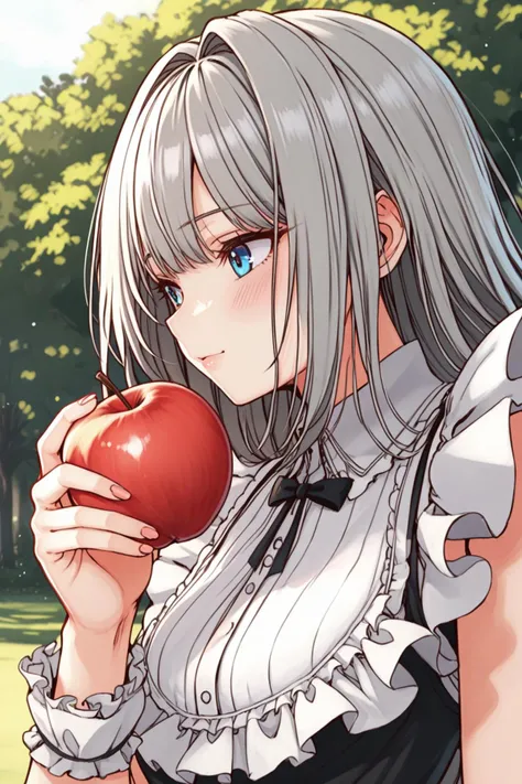 score_9,score_8_up,score_7_up,newest,
kawaii,1girl,solo,Grey hair,long hair,maid's outfit,close-up of face,looking at viewer,holding apple in hand,
highly detailed,best quality,absurdres,detailed,HDR,natural light,