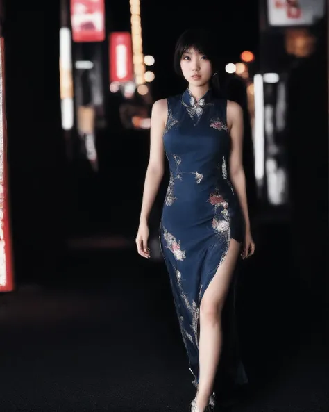 a full body photo of <lora:topaz_ar181_20230807_2345-000025:0.75> topaz20230807 (topaz_TI_20230508_1012-1800:0.65) walking on a crowded sidewalk in neotokyo <lyco:neotokyo_20230807_0200-000016:0.8> Akihabara. Wearing (navy blue:0.9) <lora:Elegant mature clothing_20230722141147:0.75> Chinese clothes, China dress, long side slit dress, heels, slippers. eye contact, facing camera. buildings, shops, vehicles, signs in background. (dark background:0.8), deep shadow, very dim, (night:0.9), dusk, dimly lit, (underexposed:0.3), <lora:LowRA:0.8>, (bokeh:1.1), (bokeh:1.4), RAW photo, 8k uhd, high quality, highly detailed skin, Portra 400