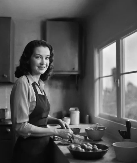, <lora:nklnor:0.8>> in the style of nklnor, film-noir,                black & yellow, industrial, heavy duty, modular,           A highly detailed mother in her kitchen preparing meal, window sunny day, happy, smiling,
