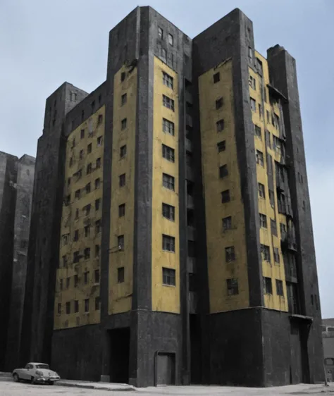 , <lora:nklnor:0.8>> in the style of nklnor, film-noir, black & yellow, industrial, heavy duty, modular, Office Buildings, Conglomerate stone, science fiction, building, architecture