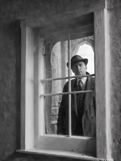 in the style of nklnor, man, looking oiut of window, <lora:nklnor:1>
