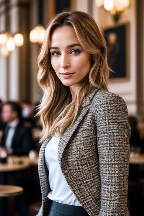 KellyC_SoloTI_v1,
(A timeless Chanel-inspired tweed jacket, paired with a sleek pencil skirt for a sophisticated and chic aesthetic:1.1), ((In a stylish Parisian café, surrounded by the aroma of freshly brewed coffee and the chatter of fashionable patrons:1.2)), (seductive), photorealistic, masterpiece, high quality, artistic, unique, award winning photograph, professional, 8k, RAW photo, best quality,flattering, (cinematic:1.3),
<lora:add_detail:0.6>, PA7_Portrait-MCU,