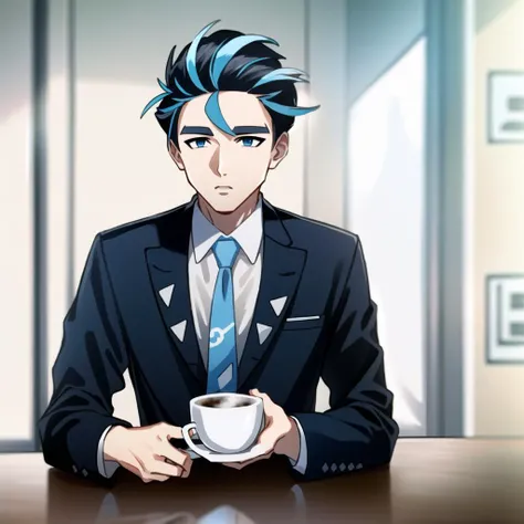highres, masterpiece, high definition, high quality, realistic, 1boy, larry\(pokemon\), suit, blue tie, two toned hair, holding cup of coffee, in a coffee shop, thick eyebrows,