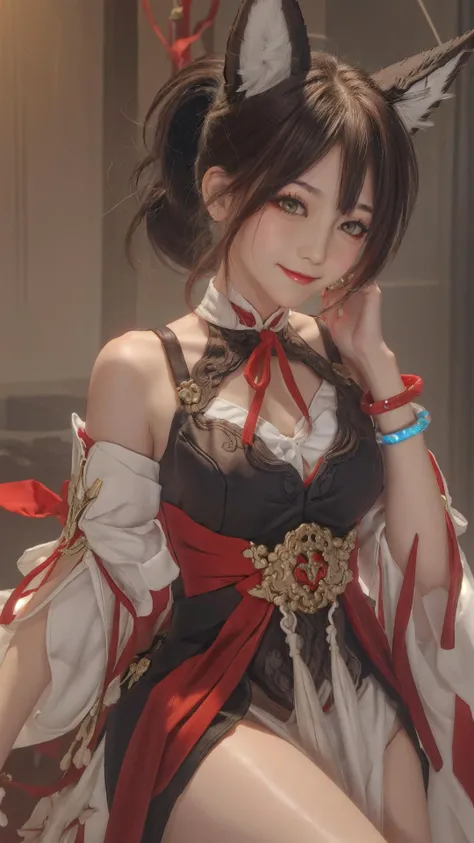 (soft light:1.3), masterpiece, best quality,highres,<lora:tingyun_hsr:0.6> ,1girl,tingyun hsr, fox_ears,solo, official, brown hair, animal ears, ponytail, hair ornament, green eyes, red eyeshadow, jewelry, detached sleeves, medium breasts, dress, tail, bracelet, naughty face, blush,light smile, closed mouth, looking at viewer, thick, thick thighs, horny ayes, naughty eyes,(red:1.3) maple leaf, <lora:hairdetailer:1>