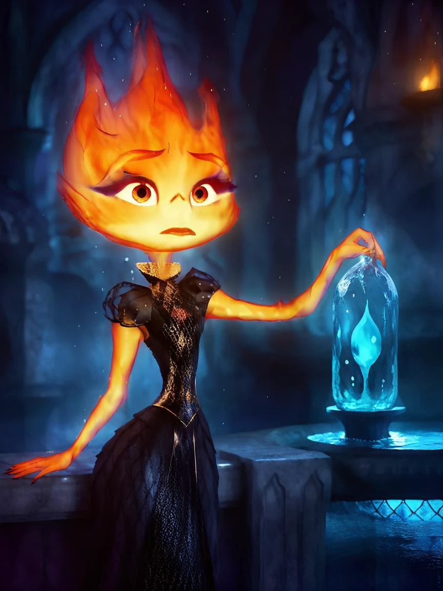gothic style a beautiful disney studio Ember holding water <lora:Ember:1>, dark, mysterious, haunting, dramatic, ornate, detailed