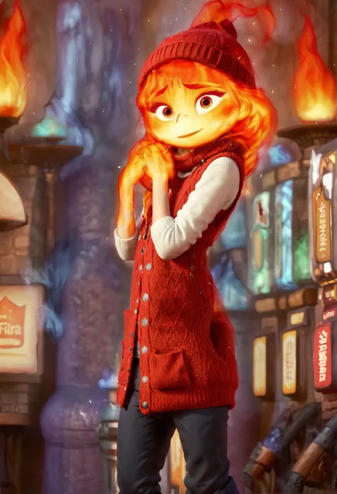 1girl, solo, realistic photo of a woman, simple, homely, covered up, cozy and warm, (wearing a large turtleneck sweater:1.2), wearing a vest, wearing a scarf, wearing a red vest, wearing sweatpants, wearing a red cap, covered up, no skin exposed, standing, (detailed eyes:1.1), fire skin, detailed face, light on face, random pose, (ultra sharp image:1.2), non-offensive, non-triggering, wholesome, within Civitai TOS rules, within Civitai TOS guidelines, content that will not be deleted for breaking Civitai TOS, nothing sus, super G rated <lora:Ember:1.1> Ember, disney studio Ember, made of fire, fire hair