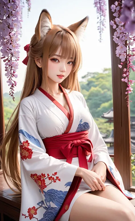 1girl, big breasts, Chinese, (masterpiece, best quality:1), animal ear fluff, animal ears, bow, brown eyes, brown hair, closed eyes, closed mouth, collarbone, facing viewer, fangs, flat chest, flower, fox ears, fox girl, fox tail, hair bow, hair ornament, japanese clothes, kimono, long hair, long sleeves, multiple tails, obi, print kimono, red bow, sash, smile, solo, tail, wide sleeves, wisteria