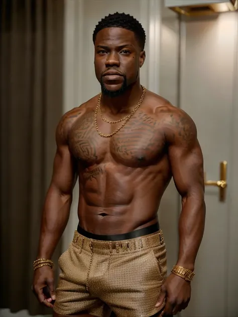 photo of kevhart <lora:Kevin_HarTv1:0.9> , shirtless, muscular, abs, veins, wearing a (gold chain:1.2), tattoos, black shorts, 8k uhd, dslr, high quality, film grain, Fujifilm XT3