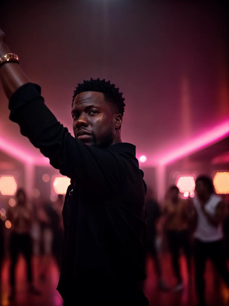 A close up of kevhart <lora:Kevin_HarTv1:0.9> in disco club, in black shirt, (dance floor full with young people in background:0.9) , 8k uhd, dslr, high quality, film grain, Fujifilm XT3
