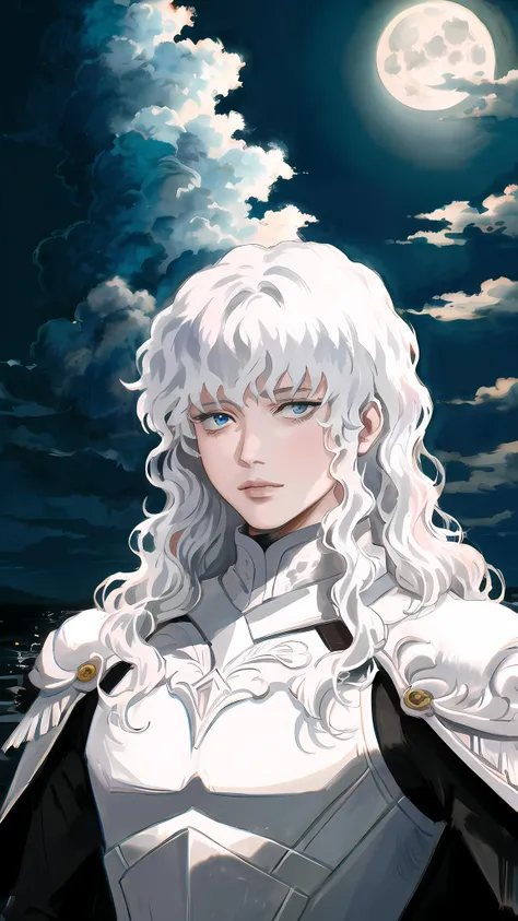 (masterpiece,best quality:1.5),griffith \(berserk\),1boy,blue eyes,bodysuit,closed mouth,lips,long hair,male focus,solo,wavy hair,white hair,close up,looking at viewer,full moon,cloud,highres,absurdres,thisuserisalive,{watercolor (medium)},(((masterpiece))),((ultradetailed)),upper body,close up,<lora:thisuserisalive_offset:1>,depth_of_field,