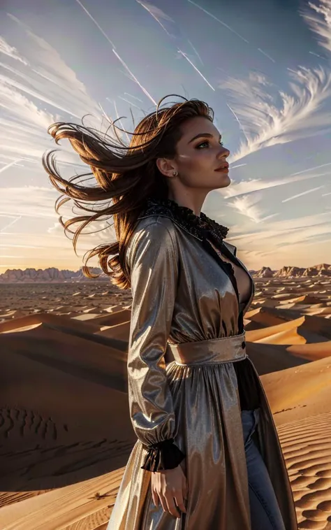 (clothed, masterpiece, wide angle, cinematic establishing shot, young adult european woman, highly detailed background:1.2), volumetric lighting, subsurface scattering, dynamic pose, (special effects, color grading, fantasy aura), (Desert Djinn:1.4), Amidst swirling sands, miragelike distortion, mysterious aura