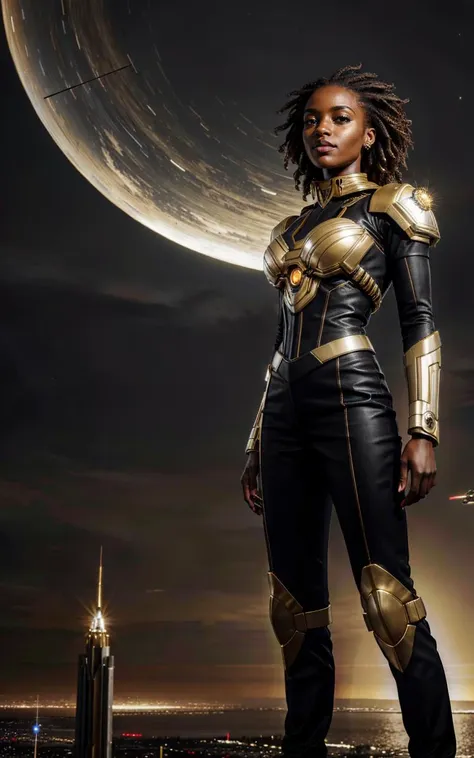 (style of Annie Leibovitz), (intense dramatic lighting), ((darkskinned woman in scifi militarystyle uniform standing in front of mechatank)), sharp angles, embellished with intricate gold braiding and medals, commanding posture, (dystopian cityscape in the background), ominous clouds, deep shadows, sense of urgency and power,