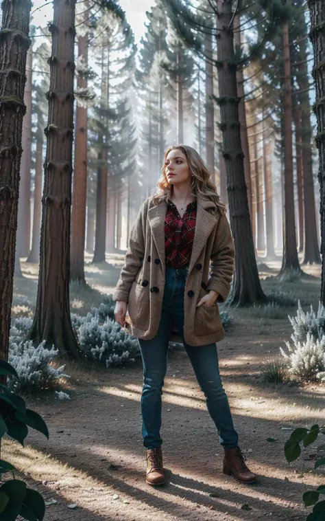 (clothed, masterpiece, wide angle, cinematic establishing shot, young adult european woman, highly detailed background:1.2), volumetric lighting, subsurface scattering, dynamic pose, (special effects, color grading, fantasy aura), (Forest Ent:1.4), Deep in woodland, framed by trees, camouflaged texture