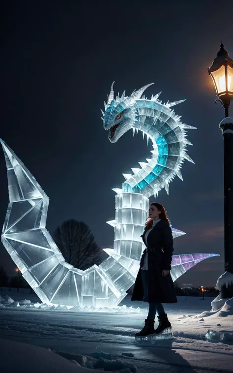 (clothed, masterpiece, wide angle, cinematic establishing shot, young adult european woman, highly detailed background:1.2), volumetric lighting, subsurface scattering, dynamic pose, (special effects, color grading, fantasy aura), (Ice Wyrm:1.4), Coiling through a blizzard, serpentine form, cold color palette