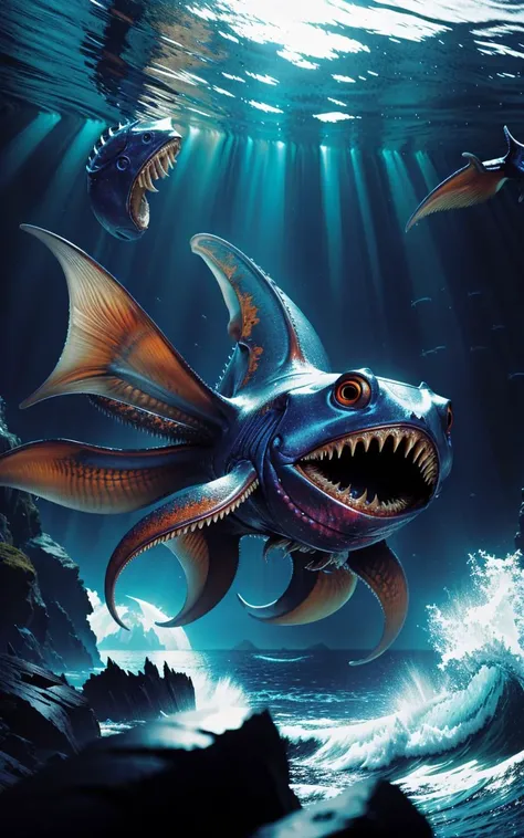 (clothed, masterpiece, wide angle, cinematic establishing shot, young adult european woman, highly detailed background:1.2), volumetric lighting, subsurface scattering, dynamic pose, (special effects, color grading, fantasy aura), (Abyssal Leviathan:1.4), Emerging from ocean depths, framed by towering waves, menacing presence