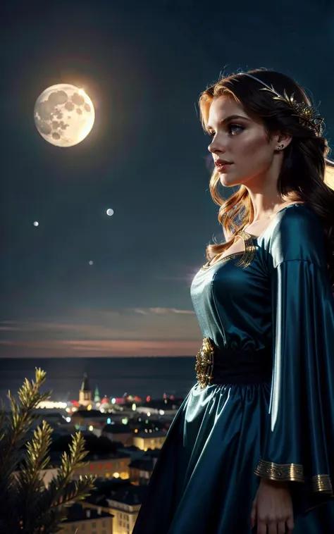 (clothed, masterpiece, wide angle, cinematic establishing shot, young adult european woman, highly detailed background:1.2), volumetric lighting, subsurface scattering, dynamic pose, (special effects, color grading, fantasy aura), (Moonlit Enchantress:1.4), (Medium Covered breasts:0.81), Moonlight, glimmering cape, ancient runes, mystical aura