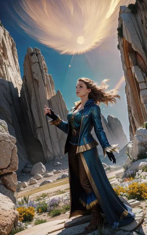 (clothed, masterpiece, wide angle, cinematic establishing shot, young adult european woman, highly detailed background:1.2), volumetric lighting, subsurface scattering, dynamic pose, (special effects, color grading, fantasy aura), (Elemental Geomancer:1.4), (Medium Covered breasts:0.81), Rock formations, earthy robes, geomantic symbols, stone guardians