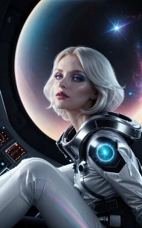 (beautiful young skinny caucasian adult woman sitting in spaceship cockpit looking over shoulder at viewer:1.2), (over the shoulder:1.1), (movie still:1.1), side view, (spaceship cockpit:1.1), glowing holographic instruments, (beautiful face:1.11), from behind, smart fabric flightsuit:1.1, lightweight structured jacket with sharp geometric lines, utility belt, kneehigh boots, fingerless gloves, (large spaceship cockpit with highly polished flooring and stellar view), backlit hair, perfect face, feminine physique, (pale freckles:0.6), (black and silver accents), perfect eyes, (studio lighting:0.3), low key, joystick++, thin pouting lips, (white++ bob hair, ombre tips:1.2), wide set soft+ turquoise++ eyes, skin pores, (small retrousse nose:1.2), (pale skin), supernova, ultra detailed, (Intricate Environment)++, best quality, masterpiece, dramatic angle, highest detailed face, eyelid shimmer makeup, silver eyeshadow, iridescent cheekbones, muted rose lips, deep space blue, (volumetric lighting:1.1), (available light:0.7), BREAK, starlight silver, nebula pink, black hole black, planetary rings, asteroid clusters, geometric shapes, angular contours, Holographic control panels, chiaroscuro effects, reflective surfaces, starfilled skies, distant galaxies, shimmering surfaces, iridescent scifi materials, clean lines, modernistic details, 8k, best quality, masterpiece