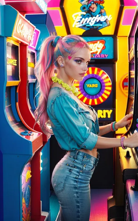 (three quarter cowboy shot turned to the side of young woman engrossed in playing on arcade game:1.5),(style of Ellen Von Unwerth), energetic 90s arcade, neon lights flickering, (25 years old, cleavage, skinny, slender, young woman:1.2),  ((vibrant 90s street fashion)), high-waisted acid-wash jeans, oversized crop top graphic tee, chunky sneakers, colorful scrunchie holding up a high ponytail, layers of bright friendship bracelets, vintage arcade machines in the background, pinball machine featuring iconic 90s pop culture, reflections of neon signs on the glossy surface of the pinball machine, the sound of arcades and pinball dings filling the air, a look of concentration and excitement on the girl's face, nearby players in background dressed in typical 90s attire, graffiti art on the arcade walls, a mix of [retro:modern:0.9] elements, the atmosphere bustling with the energy of the 90s youth, vibrant color palette dominated by neons and pastels, subtle hints of early digital age aesthetics