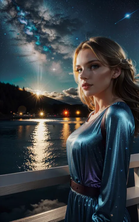 (clothed, masterpiece, wide angle, cinematic establishing shot, young adult european woman, highly detailed background:1.2), volumetric lighting, subsurface scattering, dynamic pose, (special effects, color grading, fantasy aura), (Starry Dreamweaver:1.4), (Small Perky breasts:0.81), Dreamcatcher, night sky, starlit dreams, peaceful slumber