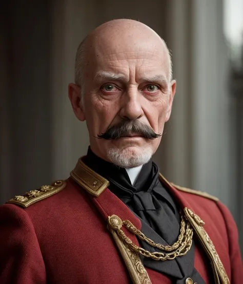 kaiser of Holy Roman Empire, old man, wrinkles, 18th century, crazy mustache, very long mustache, vintage uniform, bald head, color photo, sharp focus, backlighting, hdr, gothic photography, grim eyes,