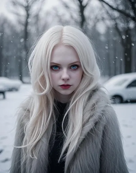 photo of pale skin Scandinavian girl, punk girl, bokeh, sharp focus, HDR, front view, upper body, shaggy hair, cold lighting, snowing, fur coat, dark blond hair, zombie girl, beauty, long bushy hair,