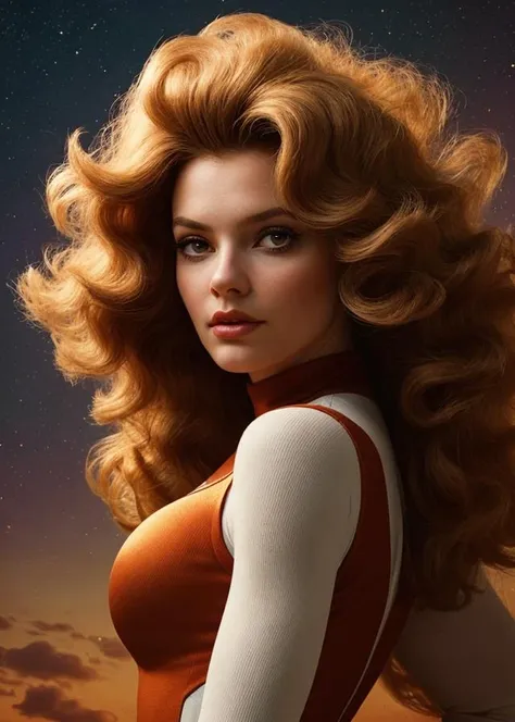 spacewoman, big hair, shaggy hair, digital photo, detailed image, sharp focus, backlight, warm colors, serenity, 50s vibe,