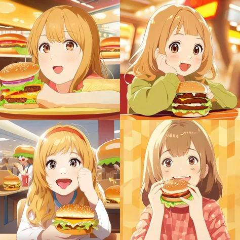 best quality, high quality, absurdres, 1girl eating a hamburger at MacDonald's