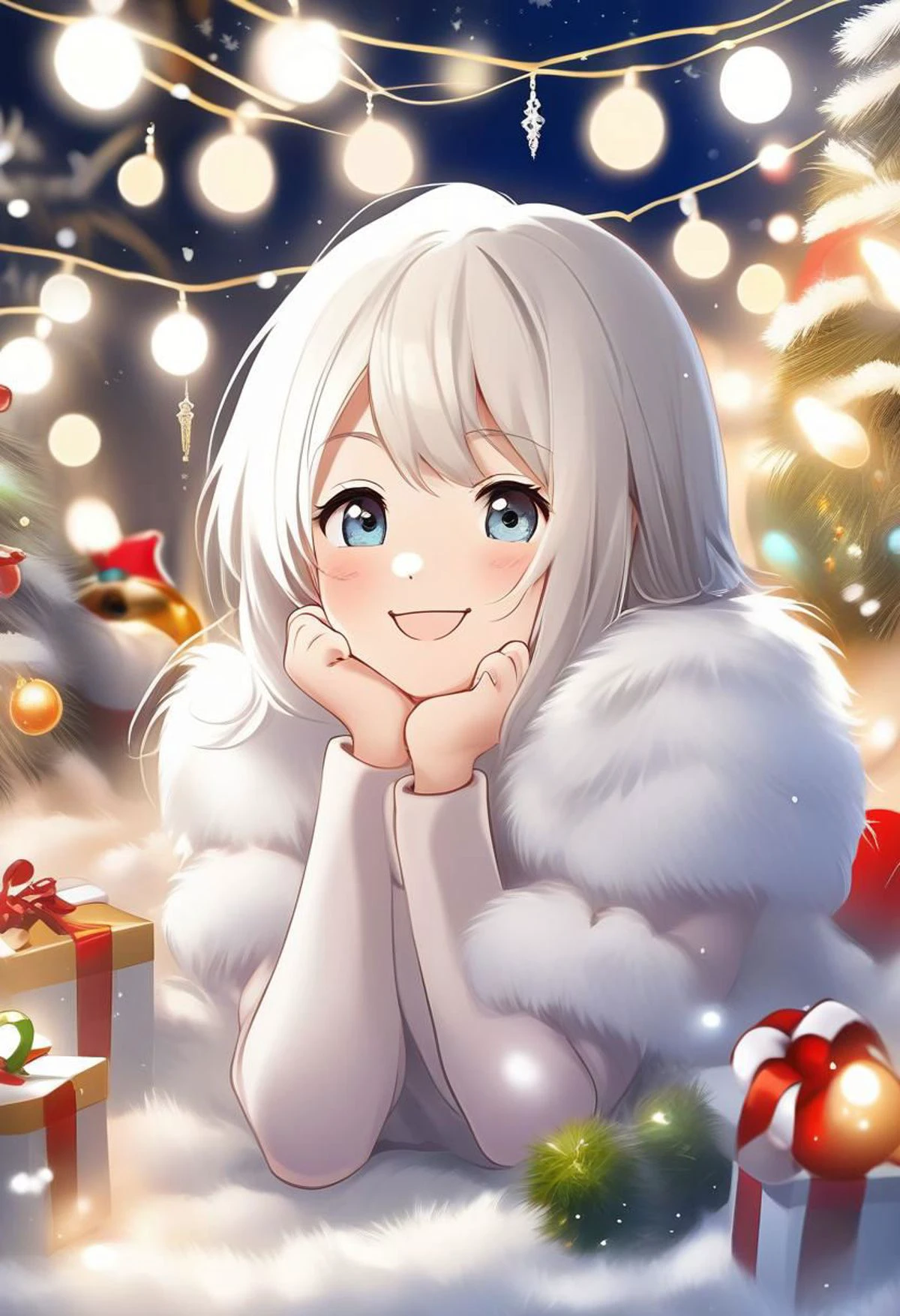 Christmas scene with a cute white 20 years old girl sitting among christmas decorations, smile, fluffy, lights, holiday atmosphere, ultra-fine, digital painting
