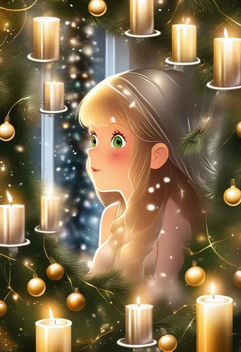 Christmas scene with a girl sitting among green and silver decorations, twinkling lights entwined through pine branches, gleaming candles casting a warm glow over the glossy leaves and reflective baubles, holiday cheer encapsulated in the arrangement, soft-focus background with bokeh effect from distant Christmas lights, ultra-fine, digital painting, golden ratio composition.