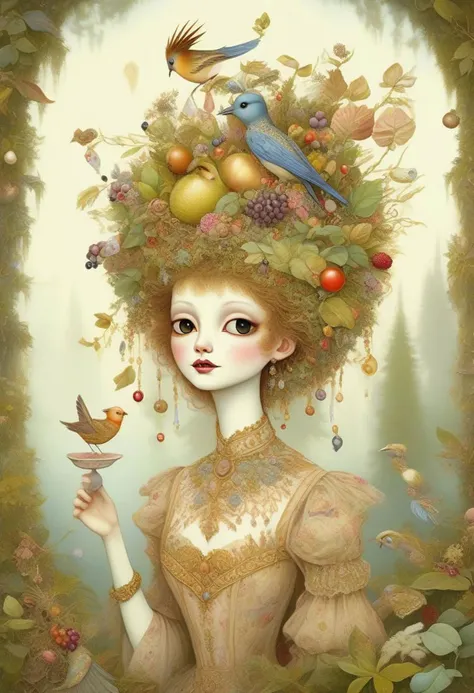 Whimsical and beautiful fantasy bird with party hats, encircling a feast of birdseed and berries, forest setting, art by James Christensen, magical forest, covered in botanicals and flowers, ornate, hyper detailed face and eyes, dripping paint, overgrown, abandoned, intricate, filigree, mother of pearl, 3D, fabulous, fantastical, gold leaf trim, magical, masterpiece painting, hyper detailed, captivating, enchanting, intense, scattered light, composed using the golden ratio, award winning, perfect composition, ultra hd, 8K, realistic, highly detailed, lighting by Vladimir Volegov and Steve Hanks