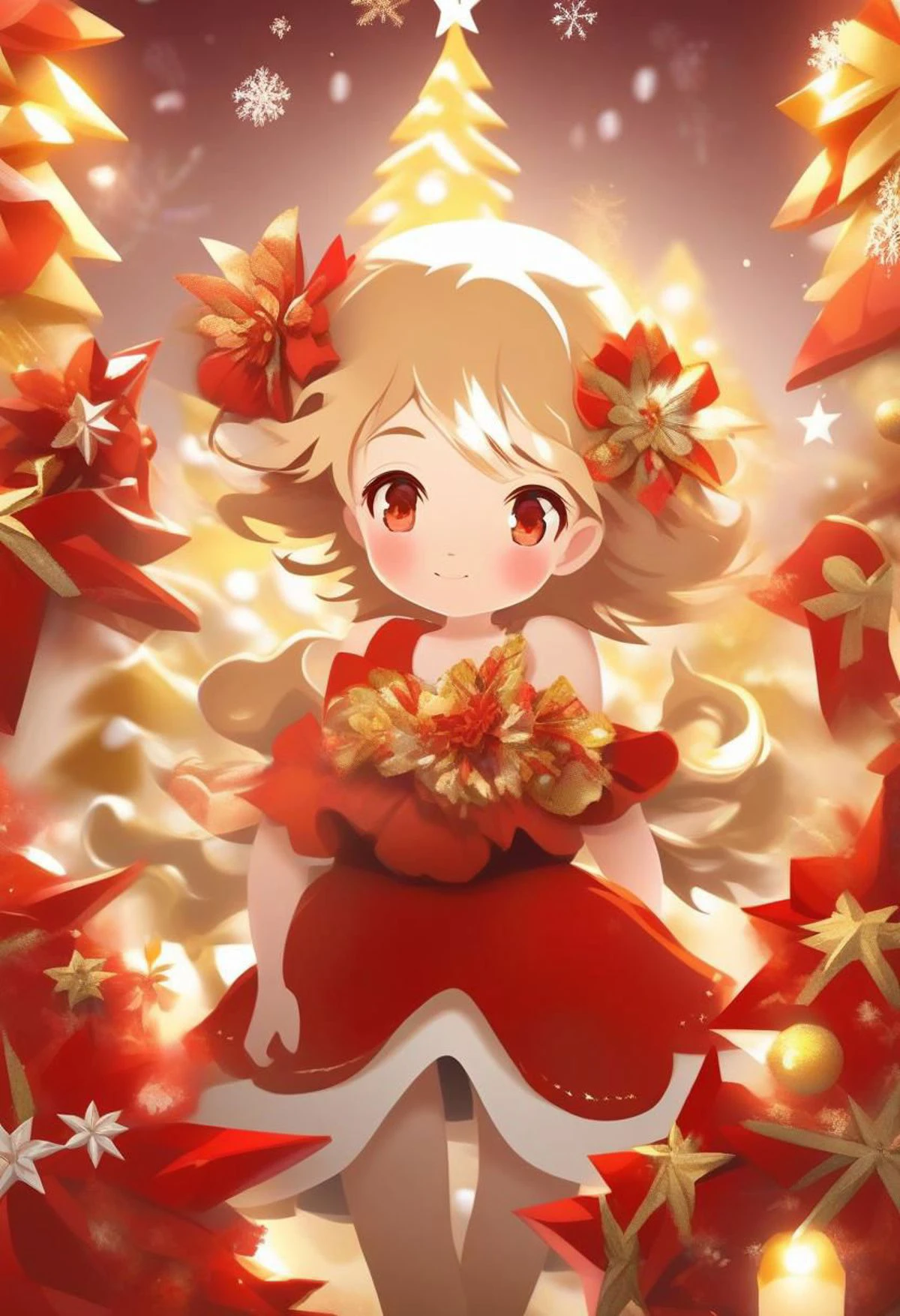 girl decorated all around with three-dimensional flower Christmas in red and gold colors, beautiful and pleasant lighting