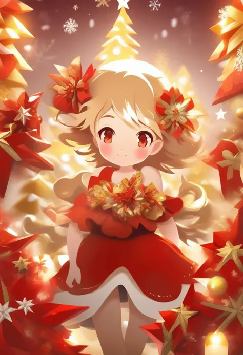 girl decorated all around with three-dimensional flower Christmas in red and gold colors, beautiful and pleasant lighting