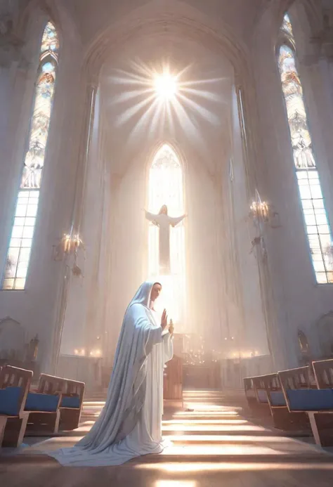 full body of virgin mary in a church with a holy light emanating from her body by wlop and greg rutkowski, in digital art illustration style. hyper detailed, smooth, sharp focus, trending on artstation, 4k