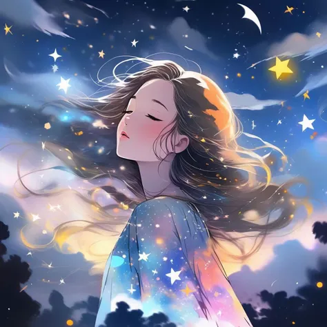 a portrait of a cute girl named fatifranco with a luminous dress, eyes shut, mouth closed, long hair, wind, sky, clouds, the moon, moonlight, stars, universe, fireflies, butterflies, lights, lens flares effects, swirly bokeh, brush effect, In style of Yoji Shinkawa, Jackson Pollock, wojtek fus, by Makoto Shinkai, concept art, celestial, amazing, astonishing, wonderful, beautiful, highly detailed, centered, facing camera, 8k, RAW photo, 8k uhd, dslr, soft lighting, high quality, film grain, Fujifilm XT3