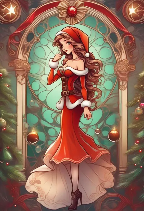 An adorable young woman dressed in christmas themed clothes, christmas accessories, art nouveau style, by dan mumford, by leonardo da vinci, dynamic light and shadow, digital art