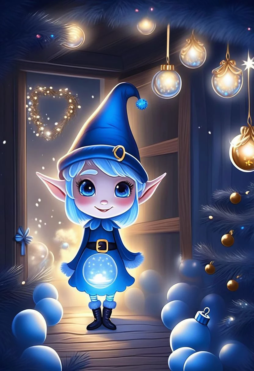 very dark night Christmas scene with a cute Blue Epoch Elf trying to find a faint light among shadows Christmas decorations, smile, fluffy, shadows, only the face is lighted, holiday atmosphere, ultra-fine, digital painting