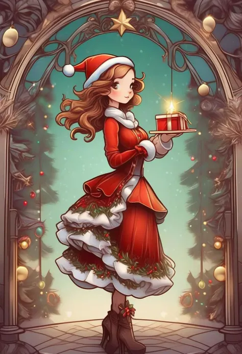 An adorable young woman dressed in christmas themed clothes, christmas accessories, art nouveau style, by dan mumford, by leonardo da vinci, dynamic light and shadow, digital art